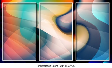 Expressionist spotted triptych. Crazy mixing of colors, smooth translucent stripes. Three images in white thin frames. Vector.