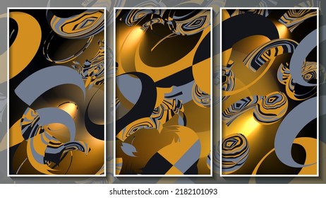 Expressionist triptych in fiery tones. A variety of abstract shapes in black-gray-orange colors are randomly arranged on a fiery background. Three images in white thin frames. Vector.