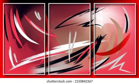 Típtico expresionista en tonos rojos. Caóticos pinceladas multicolores sobre un lienzo rojo. Tres imágenes en marcos finos blancos. Vector.