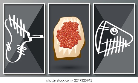 Expressionist triptych. A sandwich with red caviar and a vintage fish skeleton on a polygonal background in gray tones. Three images in white thin frames. Vector.