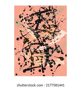 Expressionistischer Hintergrund mit Splash und Flecken, farbige Linien. Р und gezeichnete Punkte. Pollock-Stiel. Rosa, grün, weiß, schwarz. Beschneidungsmaske. Design für Hintergrund, Tapete, Poster