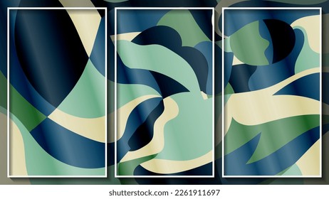 Triptyque polygonal tacheté expressionniste dans les tons beige, azur, vert. Trois images dans des cadres fins blancs. Modèle pour vos projets. Image vectorielle.
