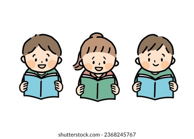 Expressions of cute children reading books happily.