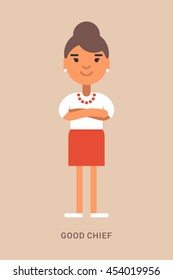 Expressions and emotions.  Good chief. Smiling woman with arms crossed. Flat colored vector illustration.