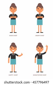 Expressions and emotions. A set of four flat vector illustrations with female chief.  Good, angry, dissatisfied, happy chief. Flat colored vector illustrations isolated on white background  