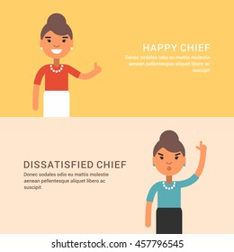 Expressions and emotions. Two horizontal web banners with female chief.  Happy and dissatisfied woman chief. Flat colored vector illustration