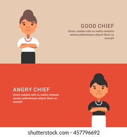 Expressions and emotions. Two horizontal web banners with female chief.  Good and angry woman chief. Flat colored vector illustration
