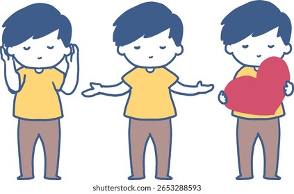 Expressions of Inner Peace in a Boy Vector Art . Perfect for projects focusing on emotional education, mindfulness for children, or any content aiming to convey feelings without words.