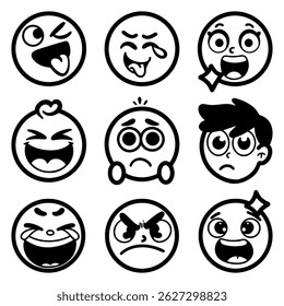 Expressions of joy and sadness captured in a diverse collection of cartoon faces in a playful design