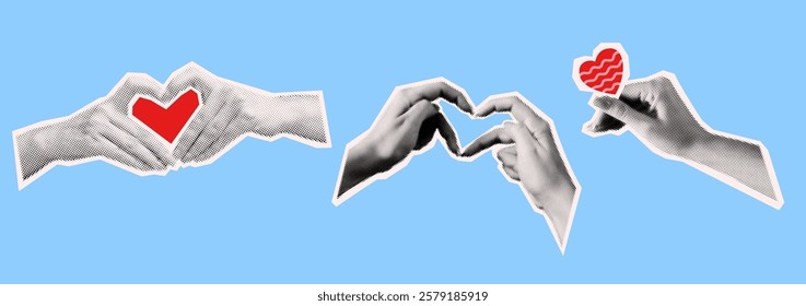 Expressions of love through hand gestures collage vector halftone illustration set. Heart shapes with fingers trendy design on blue background