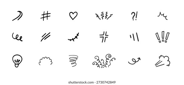 Ausdrücke Bewegung einfache Doodle handgezeichnet Set. Comic-Manga-Effekt-Bewegung. Ausdrucksformen, Anime für Charaktergefühle.