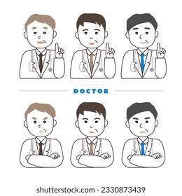 Expressions of three male doctors Index fingers and arms crossed