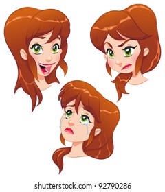 Expressions of young girl. Cartoon and vector isolated illustrations