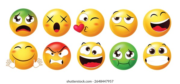 Emoticons 3D expressivos apresentando uma variedade de emoções como raiva, beijando, feliz, cansado, confuso e envergonhado. Ideal para bate-papos, reações e conteúdo digital.