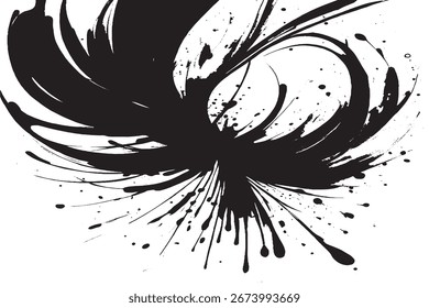 Expressive abstract black ink splatter with dynamic brush strokes on white background. Perfect grunge art texture for design, posters, wallpapers, prints, and modern artistic digital projects.