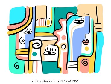 expressive abstract face art composition with a dominant light blue and white figure