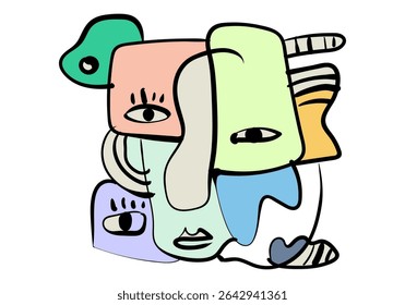expressive abstract face art composition with a dominant light blue and white figure