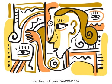 expressive abstract face art composition with a dominant light blue and white figure