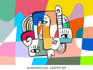 expressive abstract face art composition with a dominant light blue and white figure
