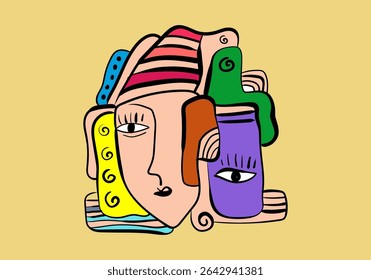 expressiva composição de arte de face abstrata com uma figura dominante azul claro e branco