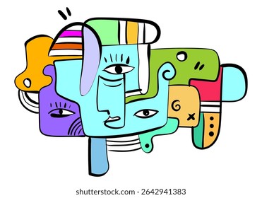 expressive abstract face art composition with a dominant light blue and white figure