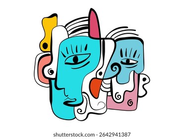 expressive abstract face art composition with a dominant light blue and white figure