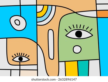 Expressive abstract face illustration with bright colors and flowing geometric lines in cubist pop style.