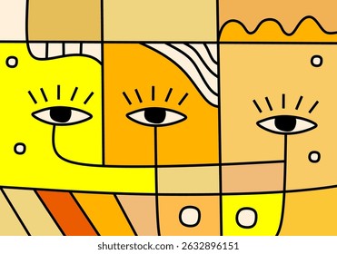 Expressive abstract face illustration with bright colors and flowing geometric lines in cubist pop style.
