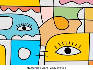 Expressive abstract face illustration with bright colors and flowing geometric lines in cubist pop style.