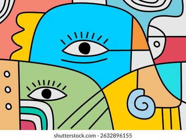 Expressive abstract face illustration with bright colors and flowing geometric lines in cubist pop style.