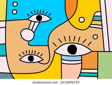 Expressive abstract face illustration with bright colors and flowing geometric lines in cubist pop style.