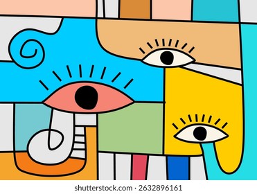 Expressive abstract face illustration with bright colors and flowing geometric lines in cubist pop style.