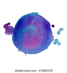 Expressive abstract round watercolor stain with splashes and drops of violet purple color. Watercolor background