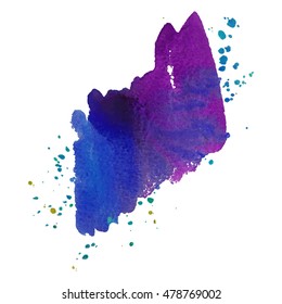 Expressive abstract watercolor brushstroke with splashes and drops of blue violet color. Watercolor background