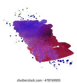 Expressive abstract watercolor brushstroke with splashes and drops of purple wine color. Watercolor background