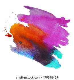 Expressive abstract watercolor brushstroke with splashes and drops multi color. Watercolor background