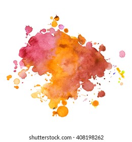 Expressive abstract watercolor spot blotch with splashes red orange mix color. Banner for text, grunge element for decoration. Watercolor drop.
