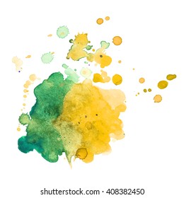 Expressive abstract watercolor spot blotch with splashes two green yellow color. Banner for text, grunge element for decoration. Watercolor drop.