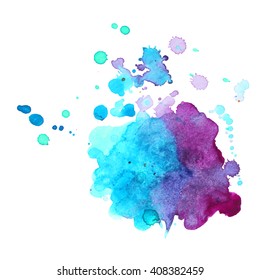 Expressive abstract watercolor spot blotch with splashes purple blue violet mix color. Banner for text, grunge element for decoration. Watercolor drop.