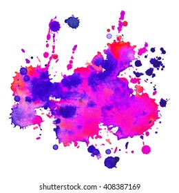 Expressive abstract watercolor spot blotch with splashes purple pink violet mix color. Banner for text, grunge element for decoration. Watercolor drop.