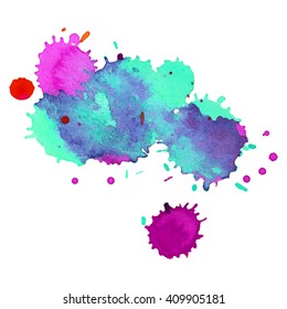 Expressive Abstract Watercolor Spot Blotch With Splashes  Green Purple Blue Color. 