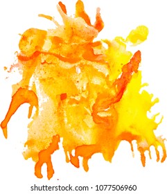 Expressive abstract watercolor stain with splashes and drops of yellow orange red colors. Watercolor esp 10 vector background