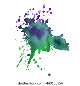 Expressive abstract watercolor stain with splashes and drops of green violet color. Design background for banner and flyers