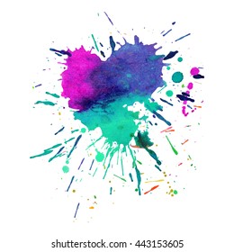 Expressive abstract watercolor stain with splashes and drops of pink violet green color. Design background for banner and flyers