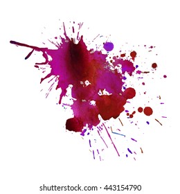 Expressive abstract watercolor stain with splashes and drops of purple pink color. Design background for banner and flyers
