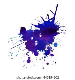 Expressive abstract watercolor stain with splashes and drops of dark violet color. Design background for banner and flyers