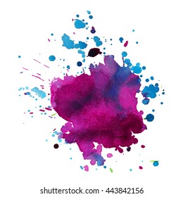Expressive abstract watercolor stain with splashes and drops of violet purple color. Design background for banner and flyers
