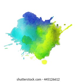 Expressive abstract watercolor stain with splashes and drops of multicolor. Design background for banner and flyers