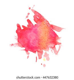 Expressive abstract watercolor stain with splashes and drops of red color. Design background for banner and flyers