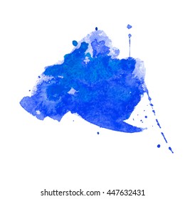 Expressive abstract watercolor stain with splashes and drops of blue color. Design background for banner and flyers